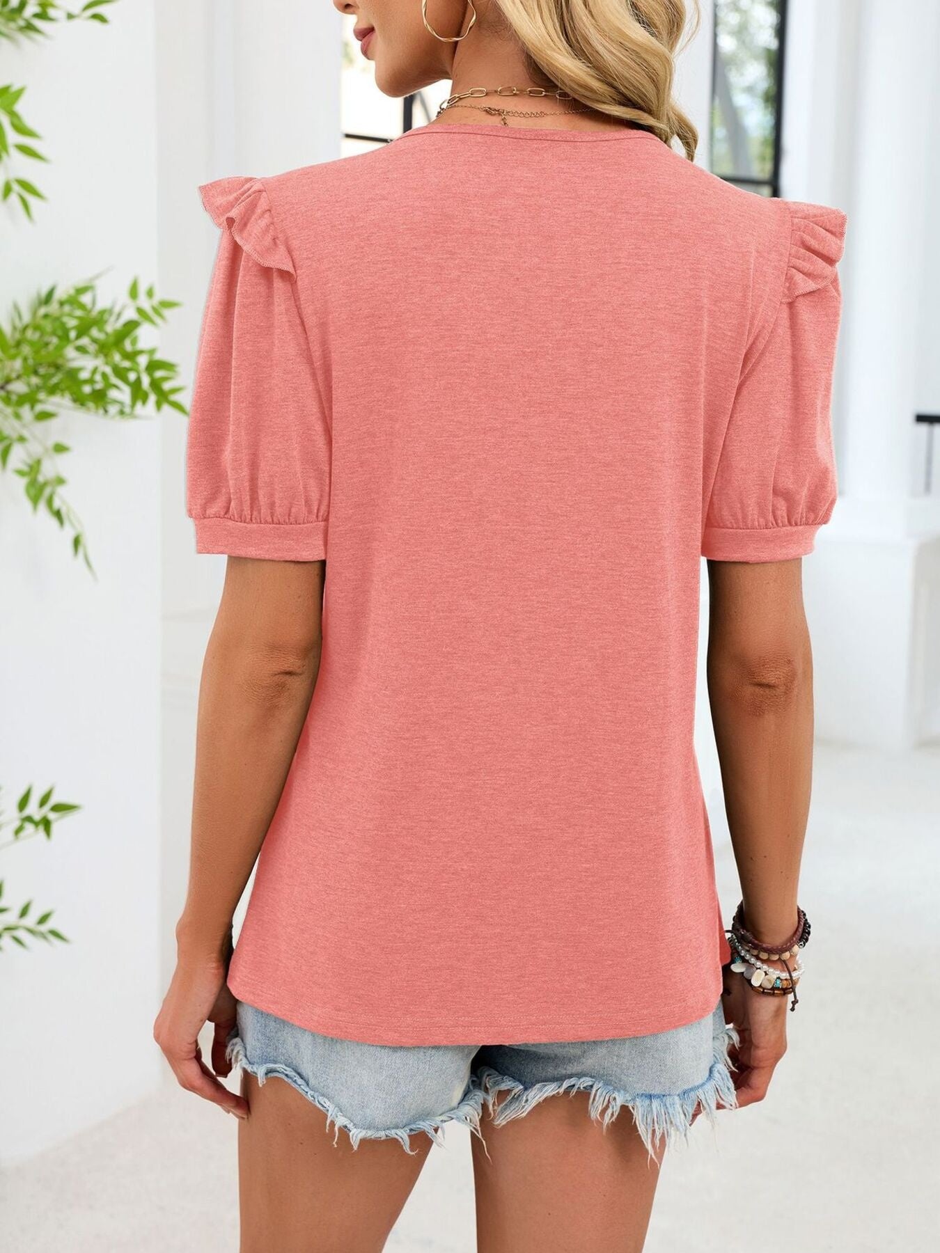 Ruffled Solid Color Short Sleeve T-Shirt