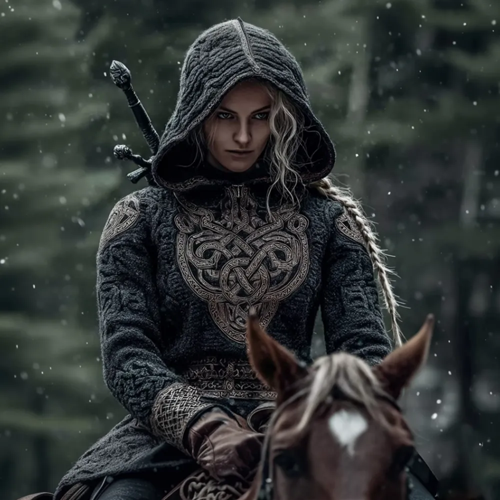 Viking Style Celtic Knot Thick Needle Design Hooded Sweater