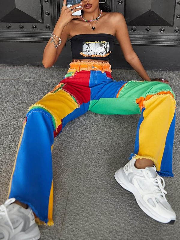 Buttoned Contrast Color Fringed Split-Joint High Waisted Loose Trousers Jean Pants Bottoms