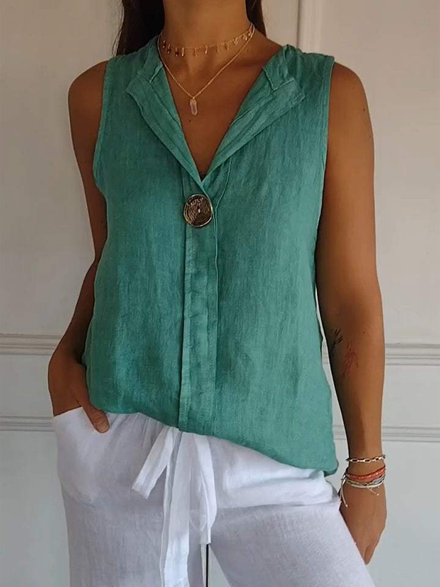 Women's V-Neck Cotton And Linen Sleeveless Casual Summer Shirt