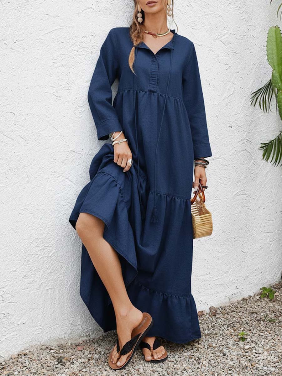 Women's Solid Color Round Neck Long Sleeve Casual Loose Cotton Linen Dress