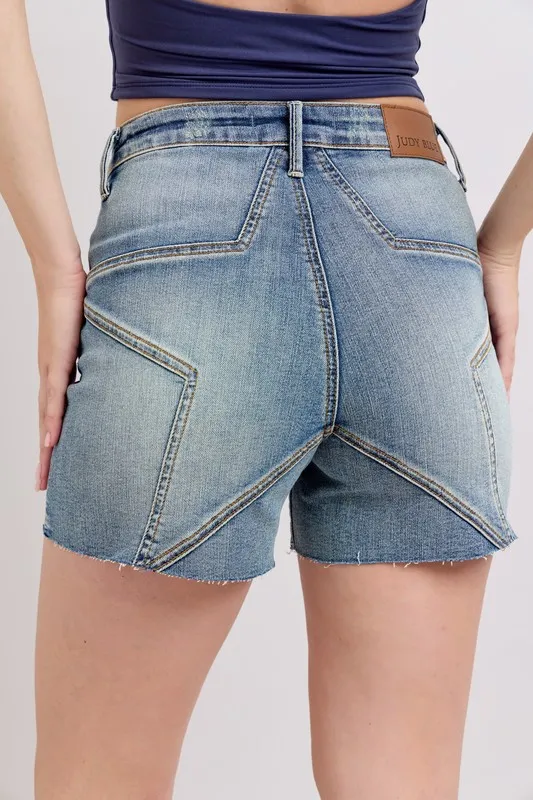 High Waist Star Seam Detail Denim Shorts
