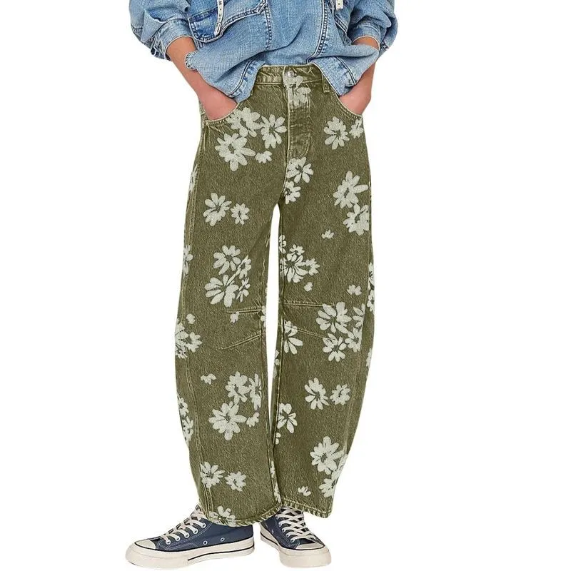 Women's Simple Floral Jeans Y2K Loose Wide-Leg Jeans Boyfriend Style Printed Stitching Jeans