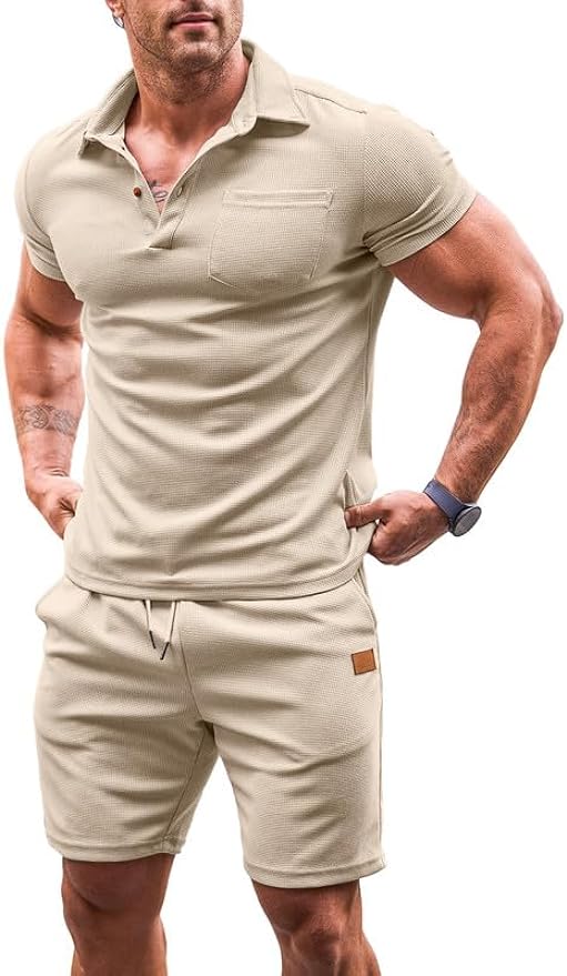 Mens 2 Piece Outfits Tracksuits Casual 1/4 Button Up Knit Polo Shirts and Drawstring Short Sets Summer Sweatsuits