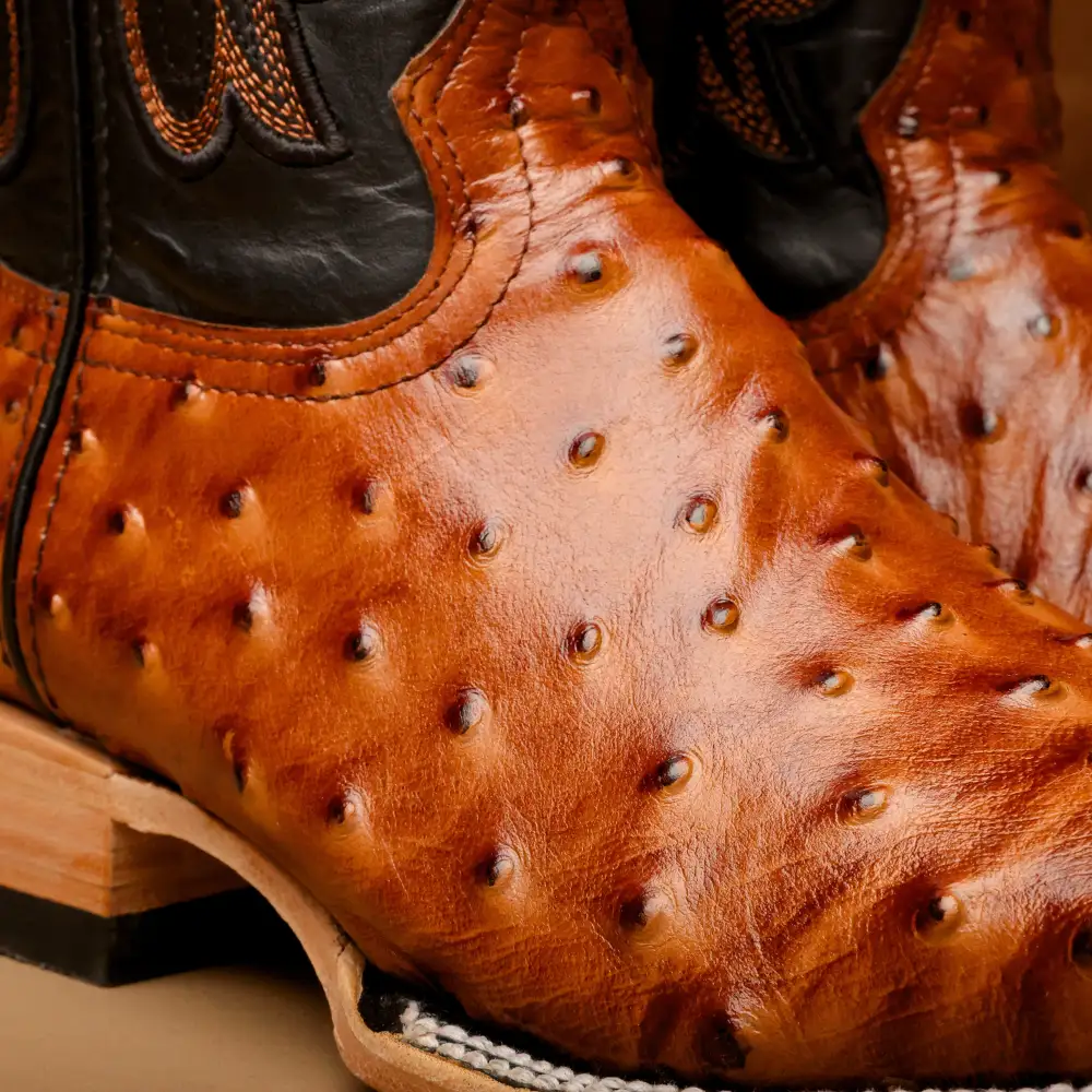 Cognac Ostrich Leather Boots - Square Toe