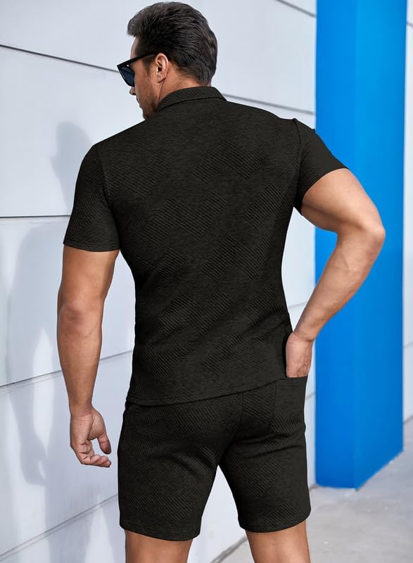 Men's Polo Shirt and Shorts Set Soild Color Geometric Texture Casual Short Sleeve 2 Piece Outfits Sweatsuits Summer
