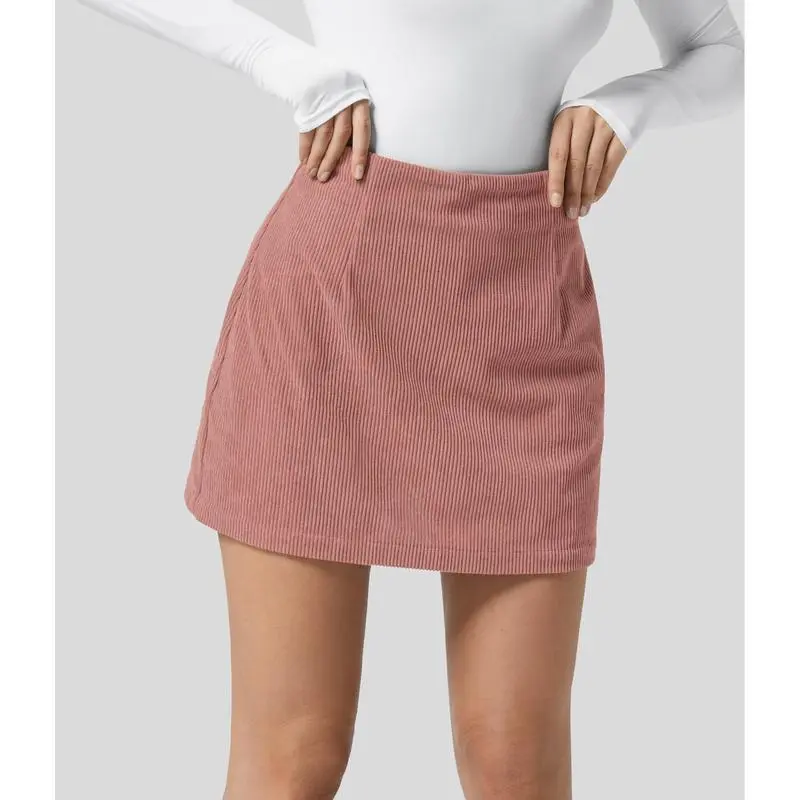 High Waisted Invisible Zipper 2-in-1 Mini A-line Corduroy Casual Skirt