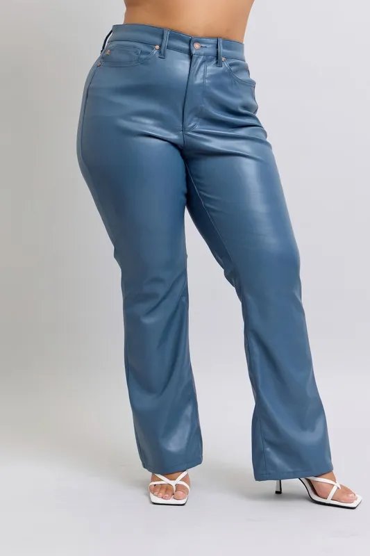 Blue Full Size High Waist Tummy Control Faux Leather Bootcut Pants Plus Size