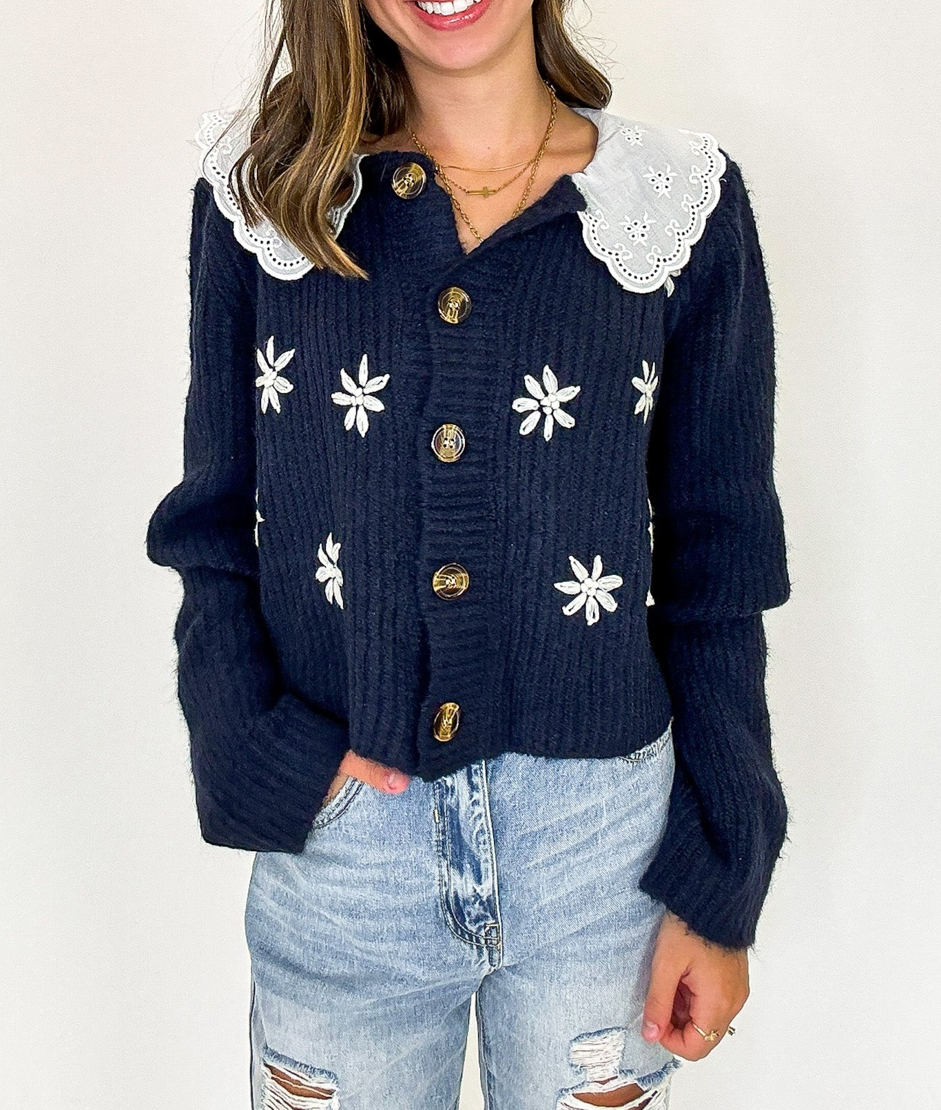 Cottage Bloom Floral Knit Collared Cardigan