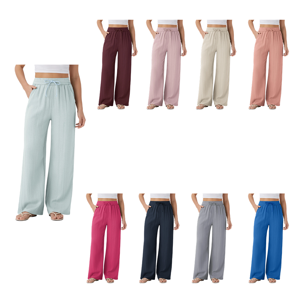 High Waisted Drawstring Pocket Wide Leg Casual Linen-Feel Pants