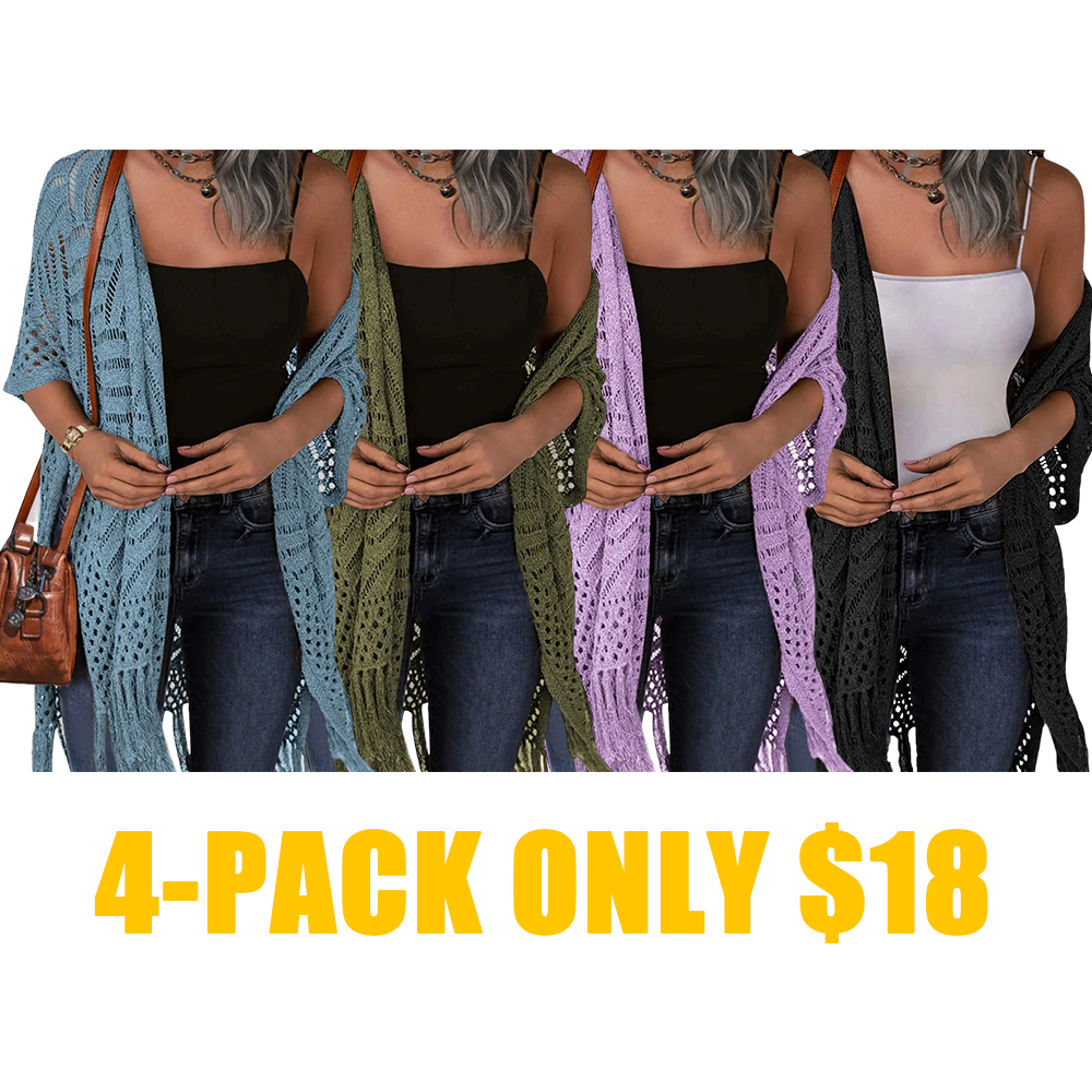 Womens Knit Cardigan Open Front Outwear New Spring & Summer Hollow Out Crochet Tassel Lightweight Kimonos Sweater