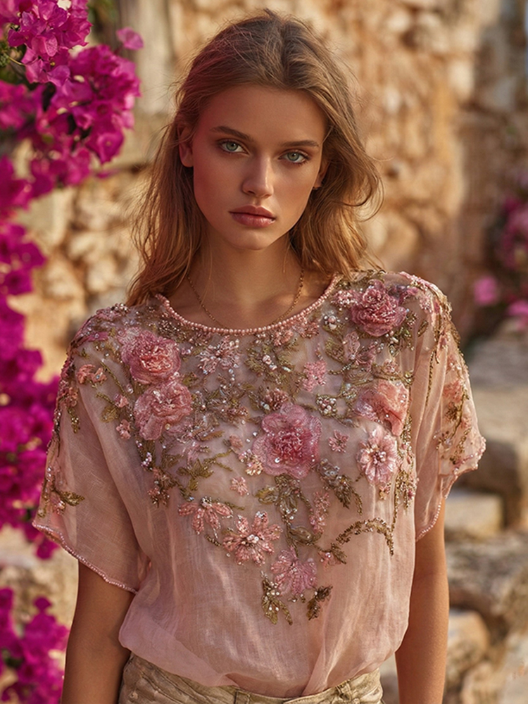 Vintage Boho Pink Roses Embroidered Art Flowy Linen Short Sleeves T-shirt