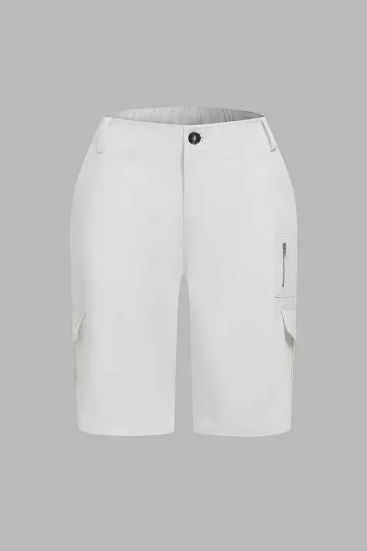 Solid Multi Pocket Mid Rise Bermuda Cargo Shorts
