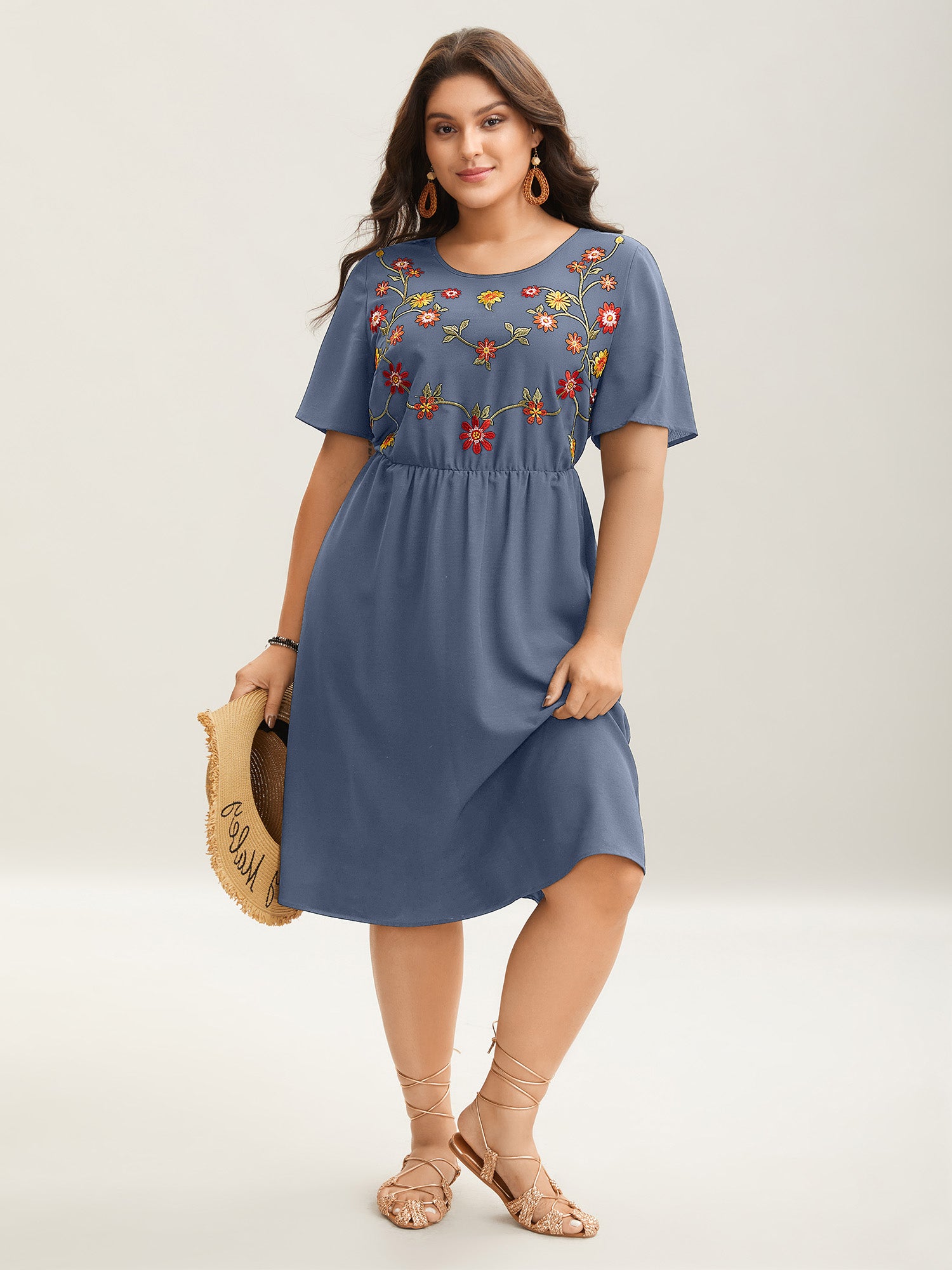 Floral Embroidered Waist-Cinched Midi Dress