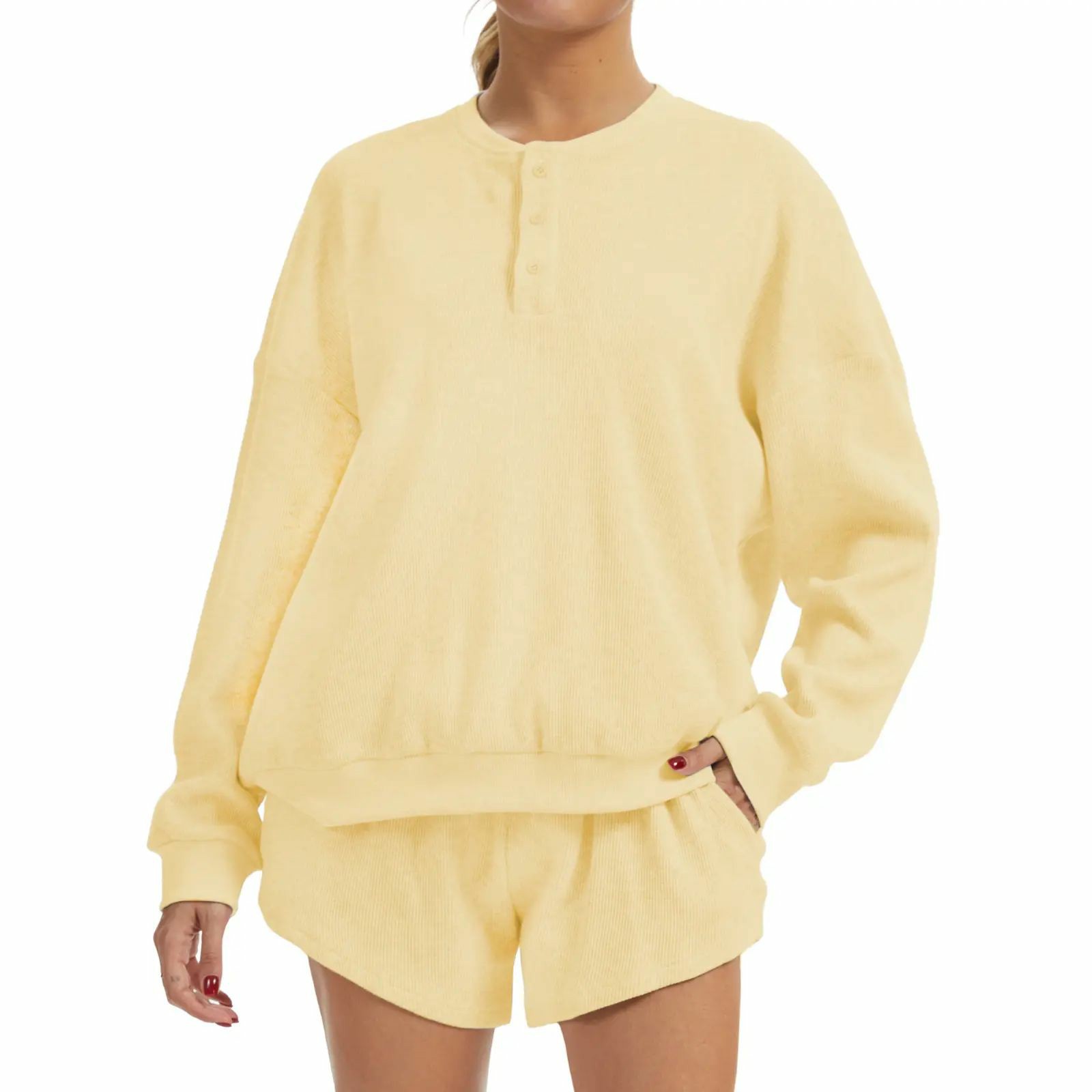 Women's Oversized Waffle Knit Lounge Set – Long Sleeve Henley Sweatshirt and High Waisted Shorts 2 Piece Casual Outfit Summervibes
