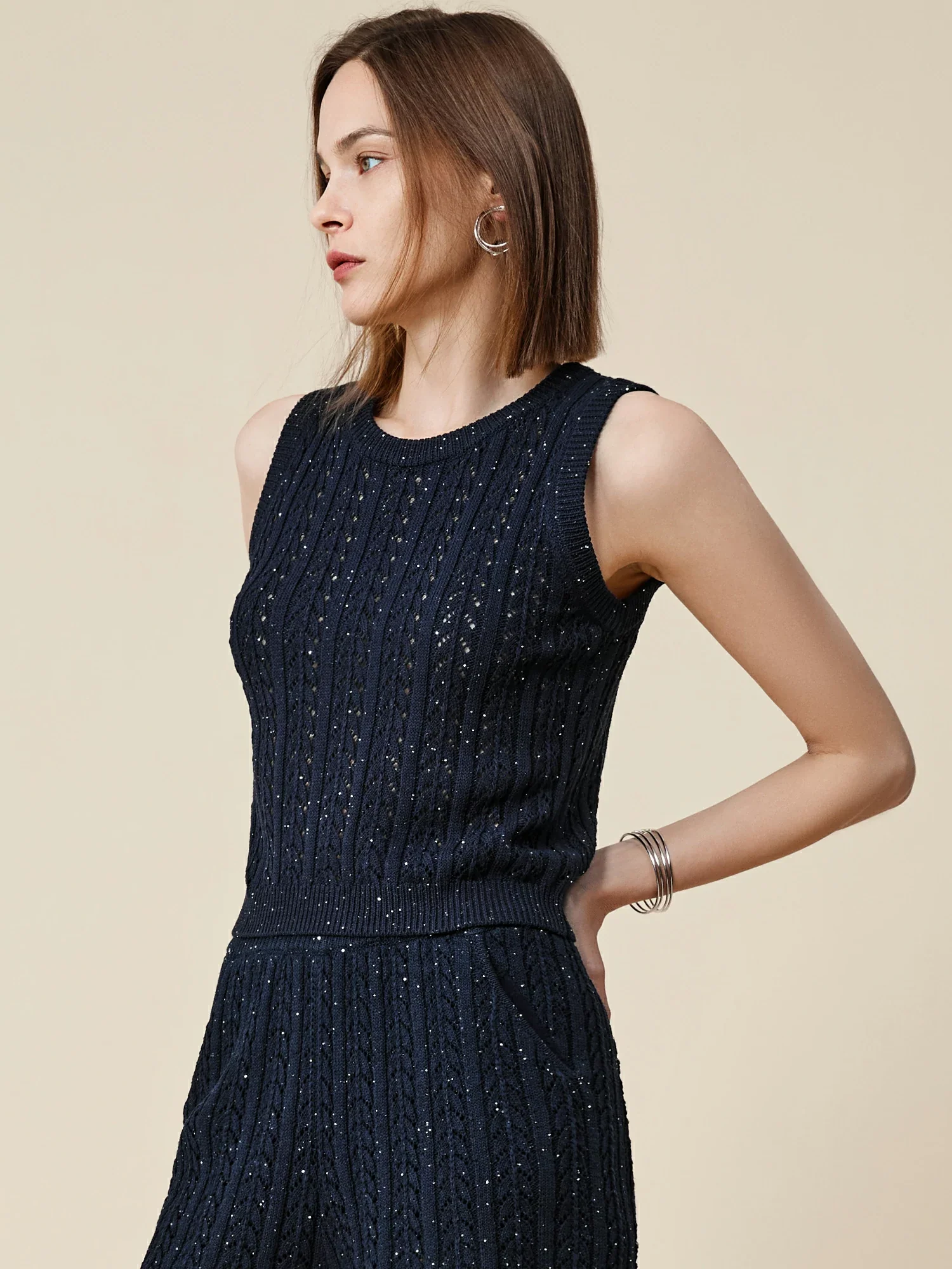 Lyocell Sleeveless Openwork Sequin Knitted Vest