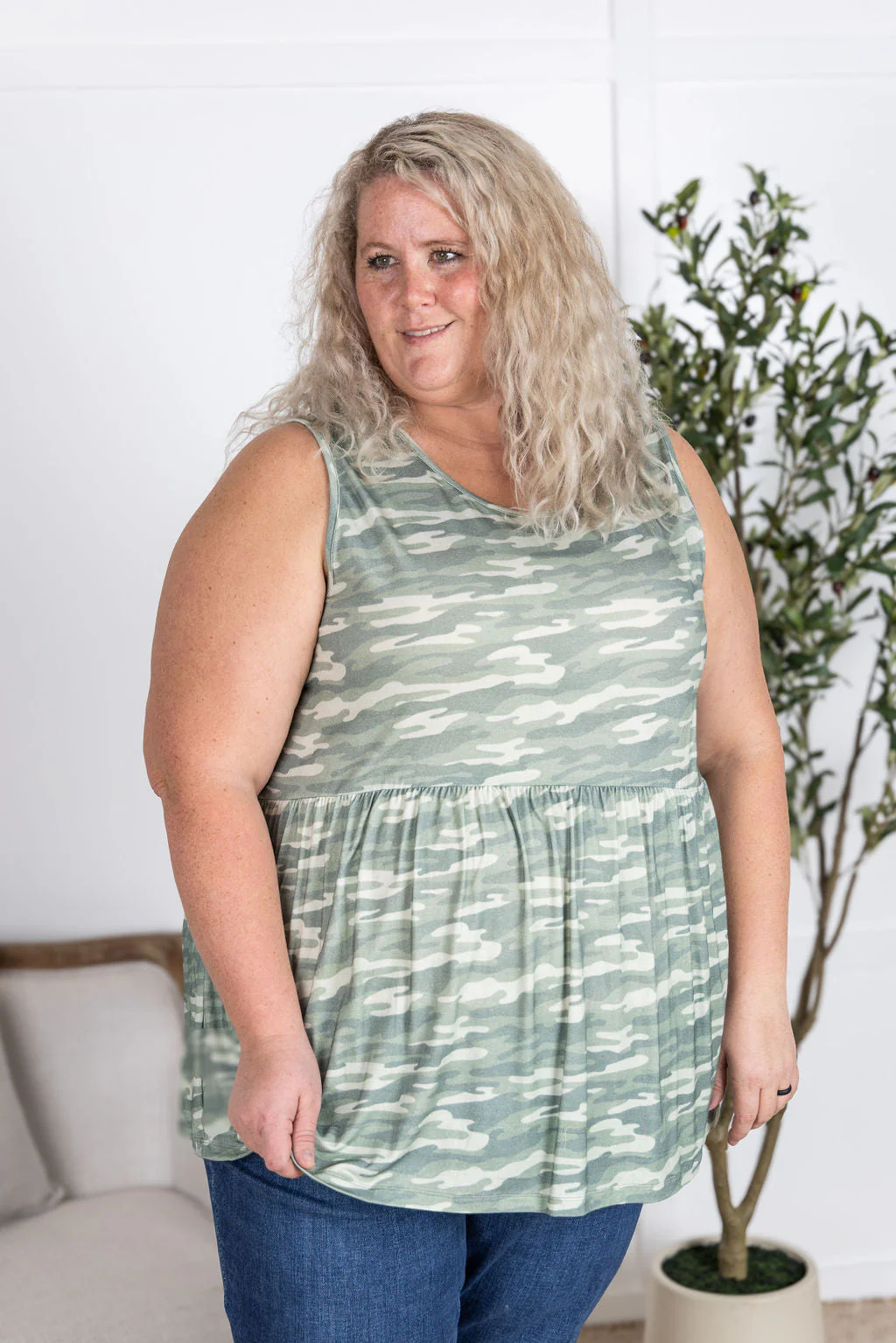 Renee Ruffle Tank Top in Camo