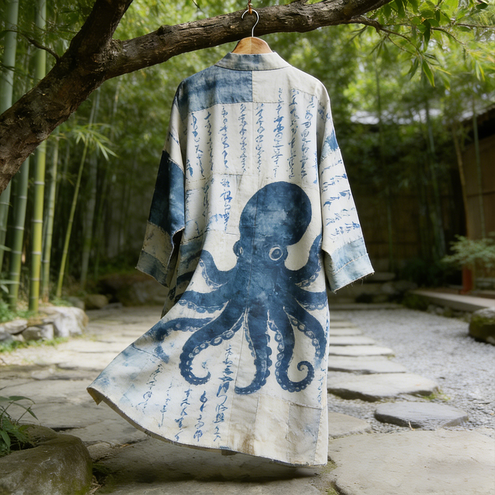 Men's Japanese Art Octopus Font Tie-dye Art And Kimono