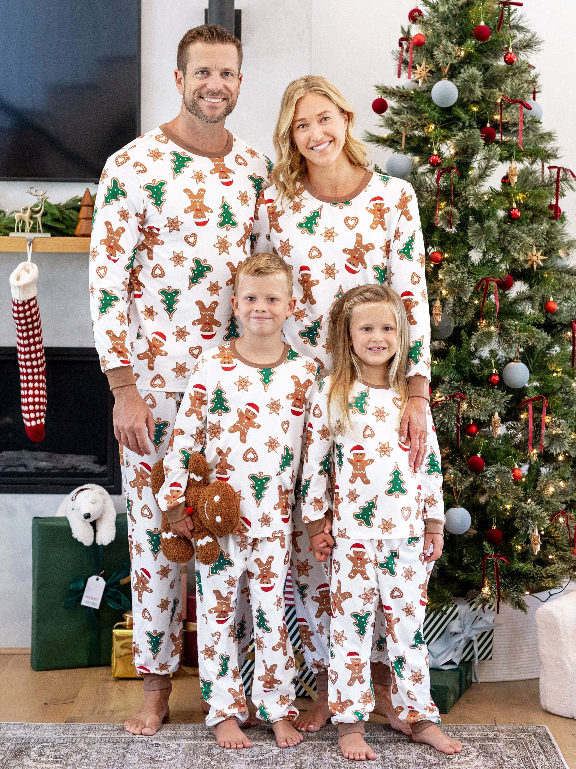 Christmas Family Matching Cartoon Gingerbread Man and Tree All-over Print Long-sleeve Pajamas Sets with Christmas Socks Coffee