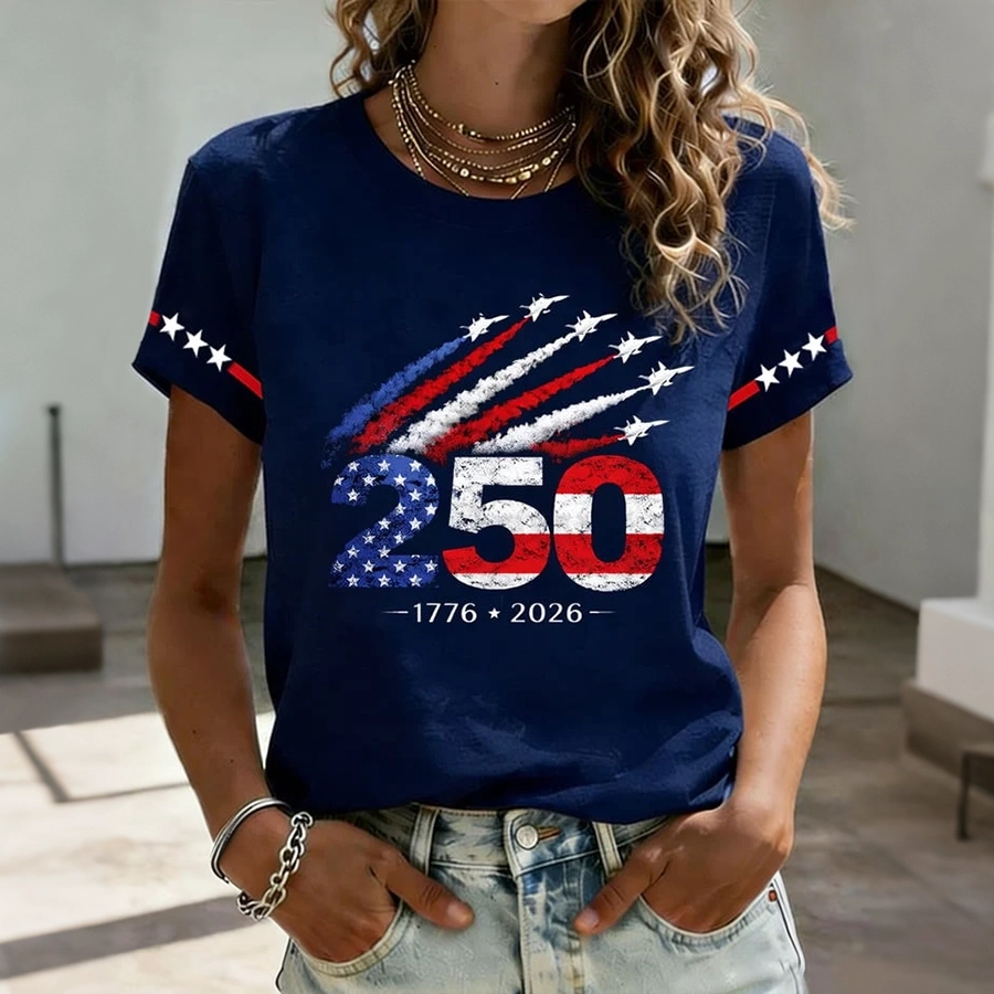 American Women's Casual American Flag Printed Round Neck T-shirt