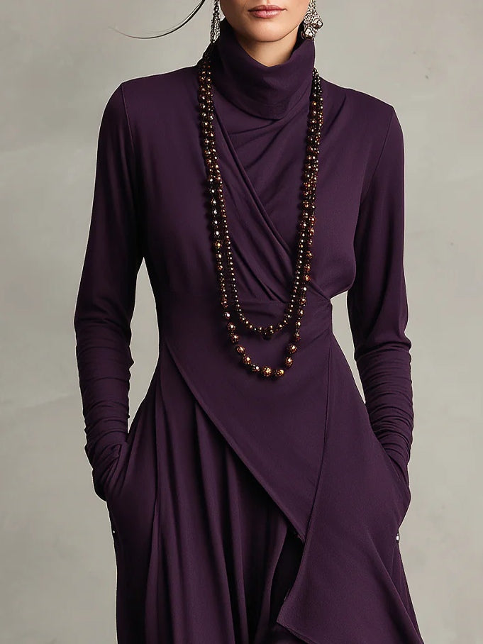 Purple High-neck Asymmetrical Pleated Maxi Dress(Necklace not included)