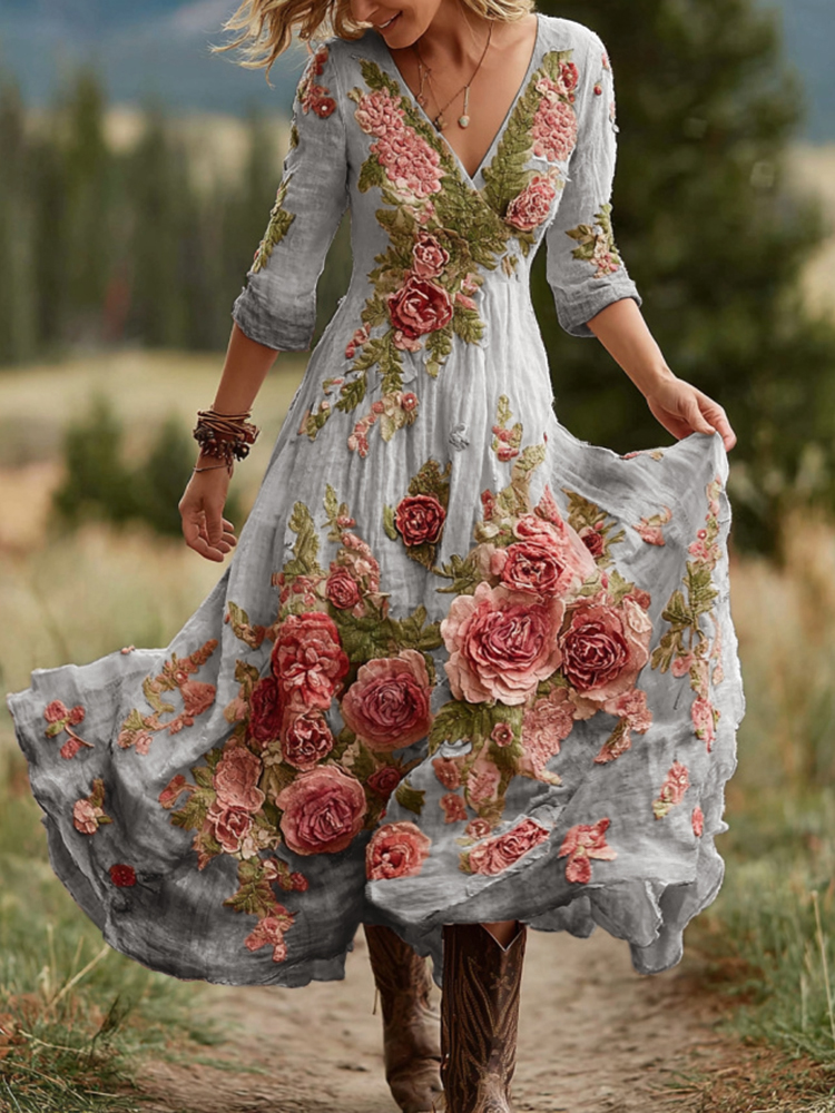 Women's Vintage Rose Floral Art V Neck Linen Blend Comfy Maxi Dress