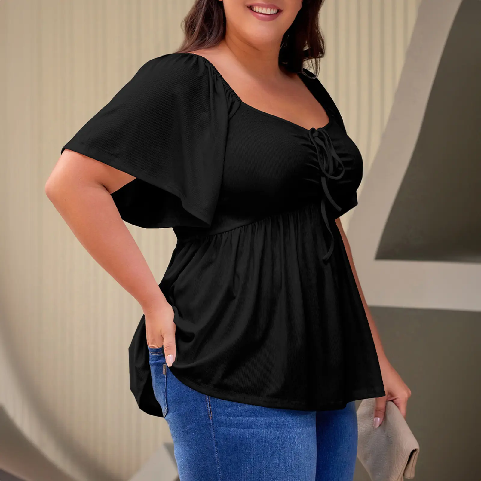 Women Plus Size Sweetheart Neck Short Sleeve Shirred Peplum Blouse Tops Shirts(1X-5X)