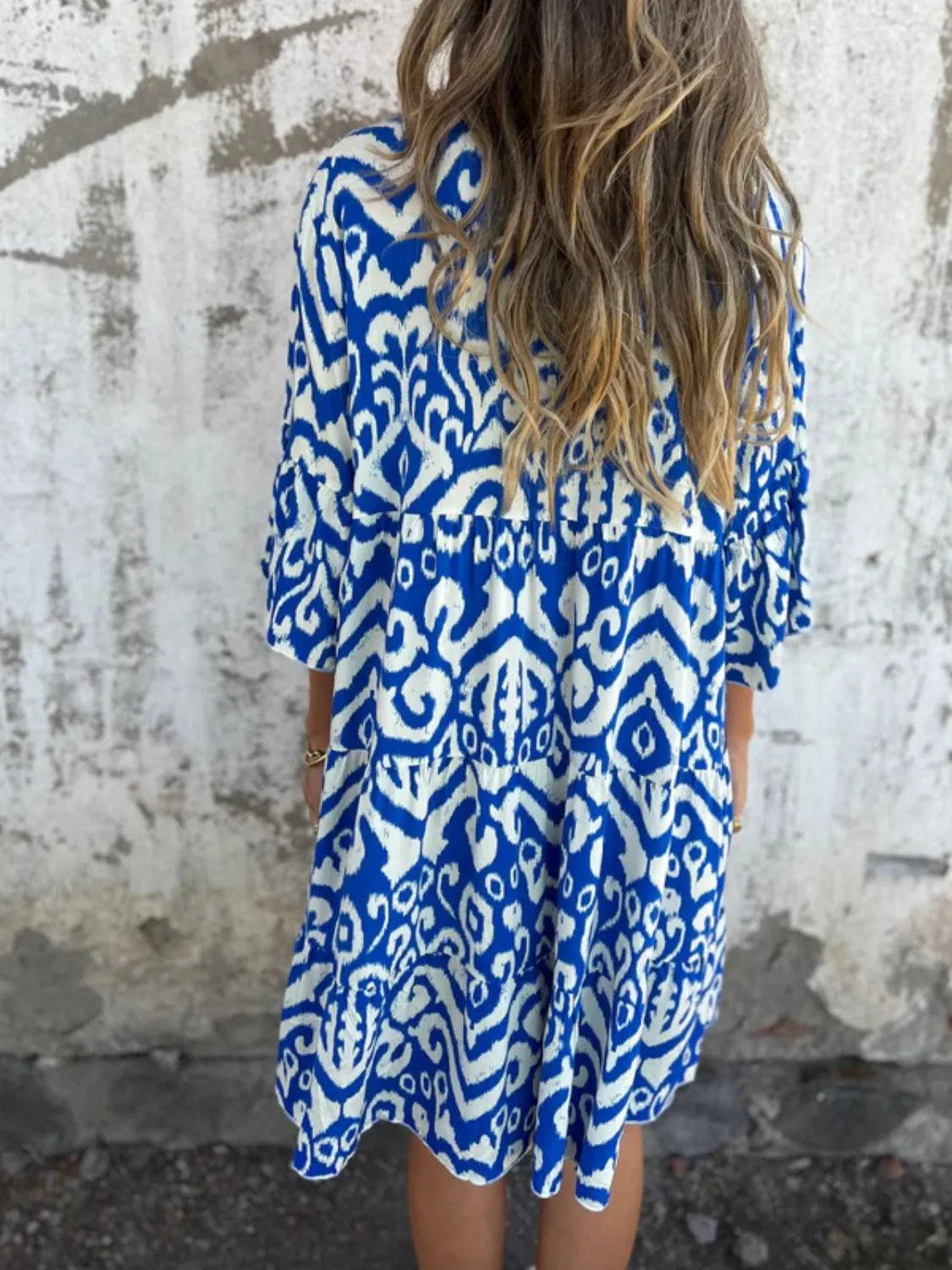 Plus Size Ethnic Print Notched Half Sleeve Midi Dress