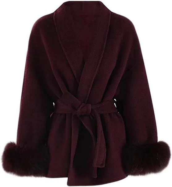 Women's Elegant Solid Color Waist Tie Fuzzy Cuff Wrap Coat, Premium Plush Long Sleeve Thermal Coat, Outerwear Jacket for Fall & Winter(CN/US)