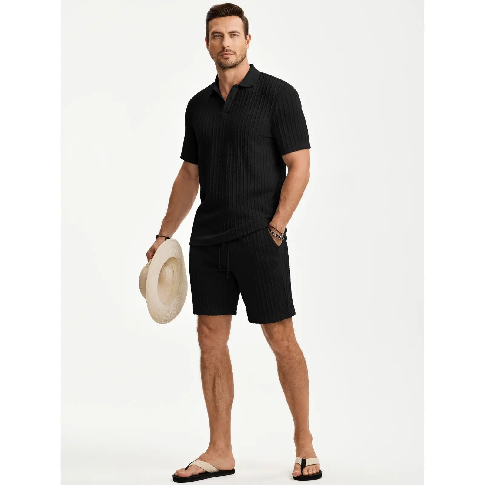 Men 2 Piece Jacquard Knit Lounge Sets Short Sleeve Polo Shirt and Shorts Sets Summer Outfits with Pockets