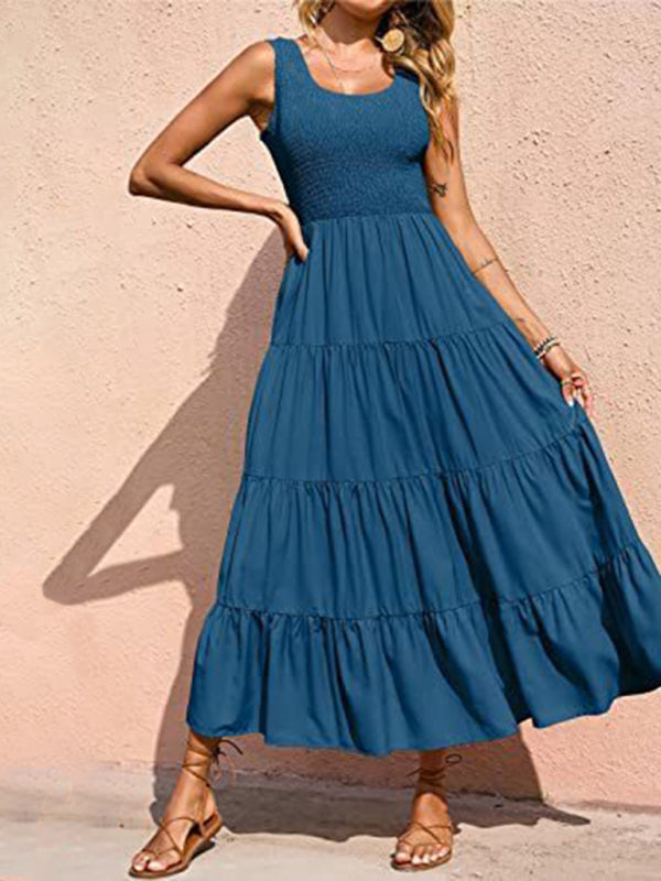 Spaghetti Strap Skirt Pleated Stitching A-Line Large Hem Dress