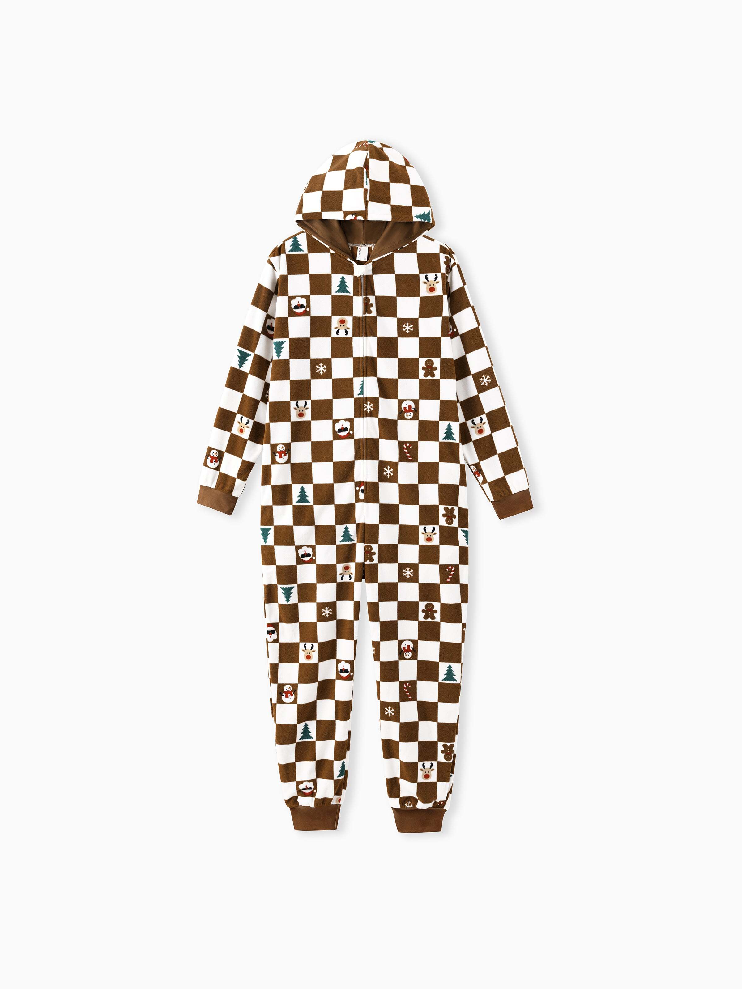 Christmas Onesies Matching Family Fleece Hoodie Pajamas Set Gingerbread Christmas-theme Plaid Print PJS with Christmas Socks Color block