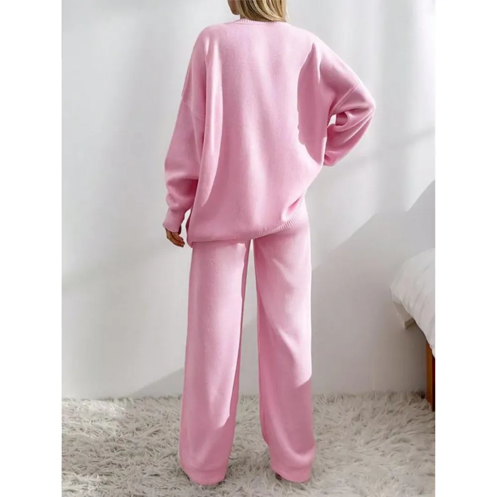 Women's Button Front V-Neck Cardigan & Wide Leg Pants Set