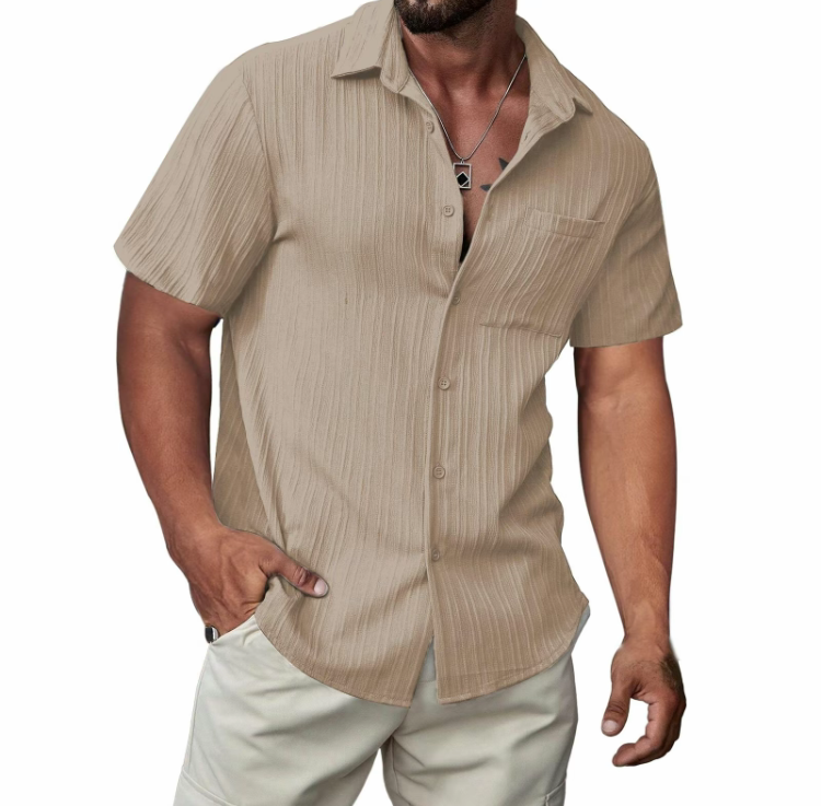 Men's Casual Short-Sleeve Hawaiian Shirt - Textured Button-Down Beach Shirt with Pocket for Summer
