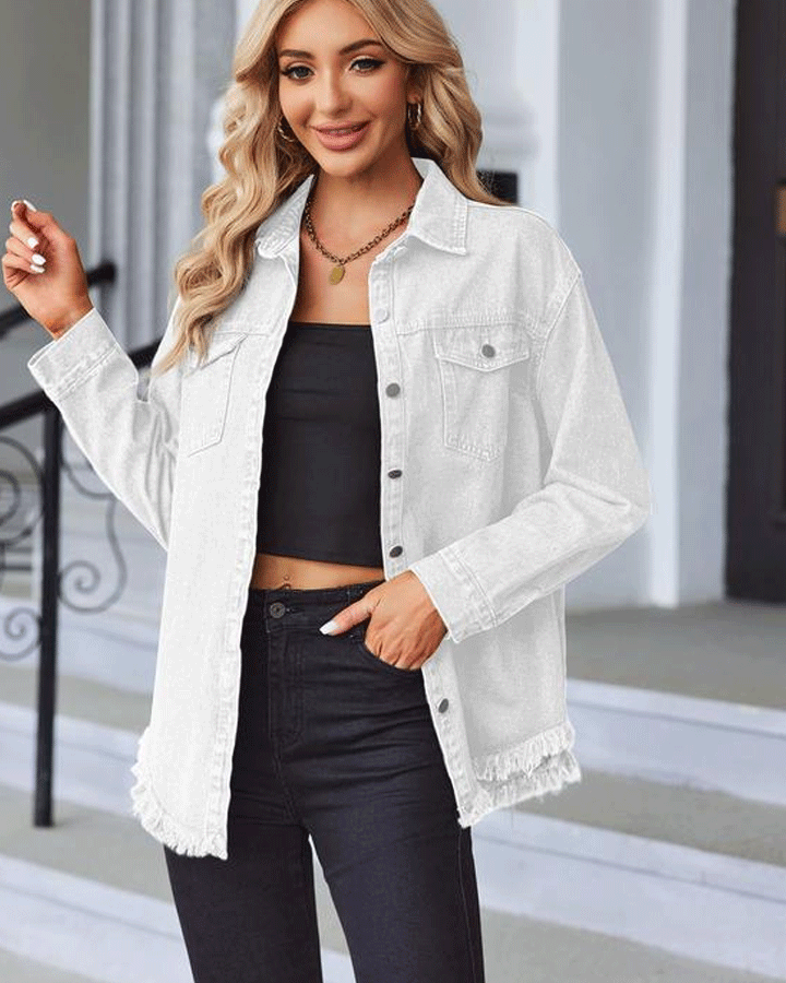 Jean Jackets for Women Ripped Fringe Denim Jean Jacket