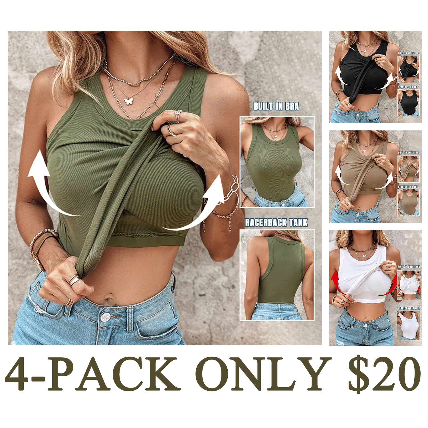 Women’s Ribbed Racerback Tank Top with Built-In Bra