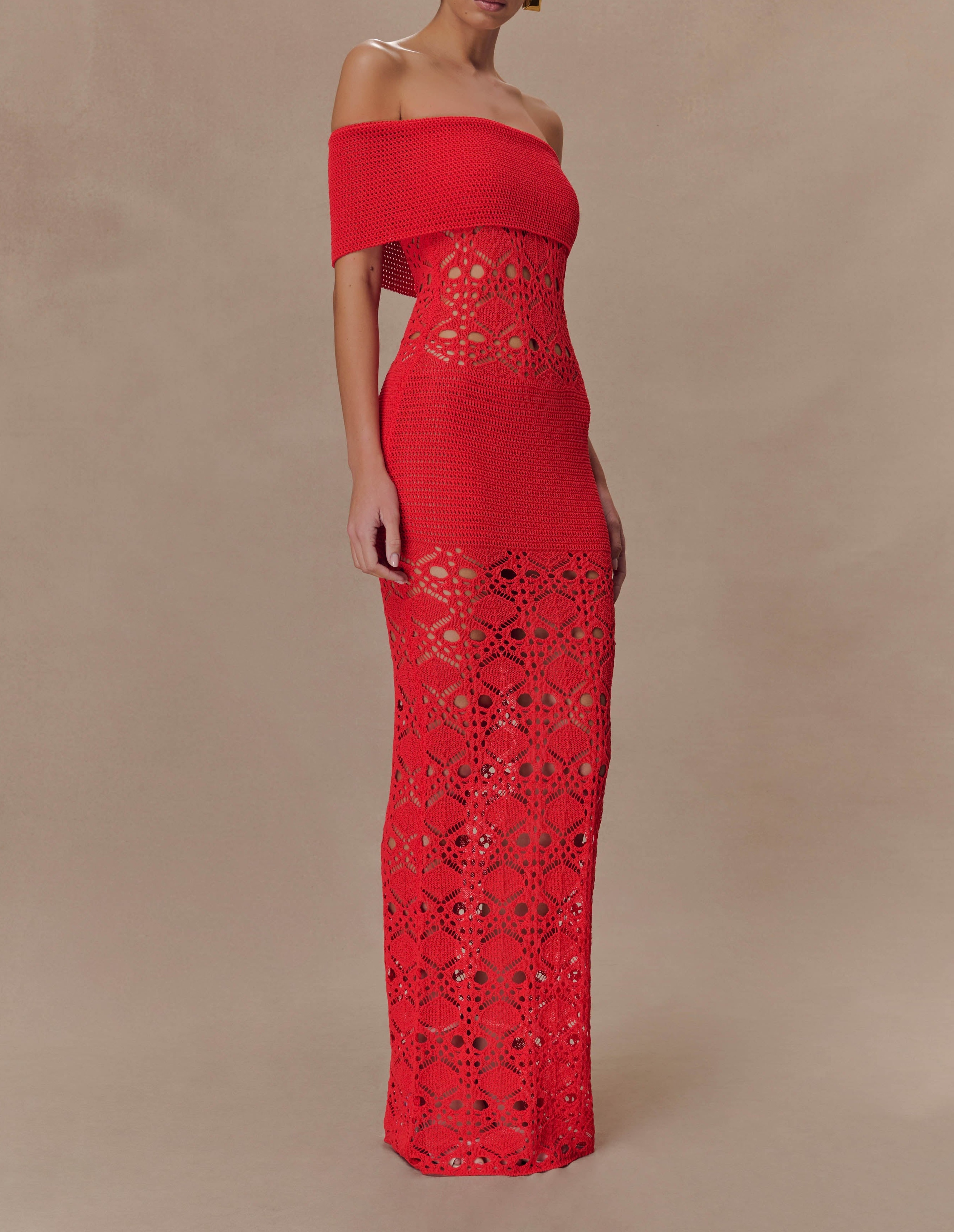 Orange Off Shoulder Crochet Knit Maxi Dress