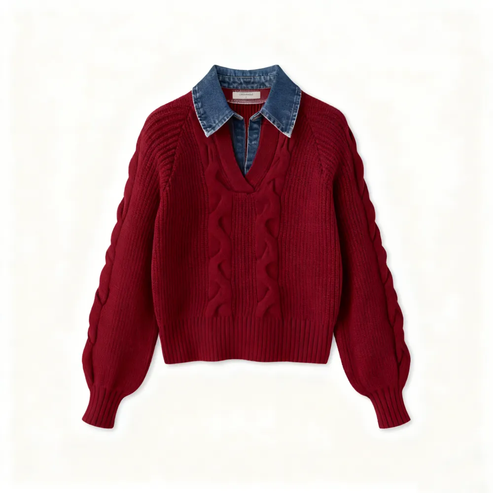 Denim Panel Ribbed Lapel Sweater