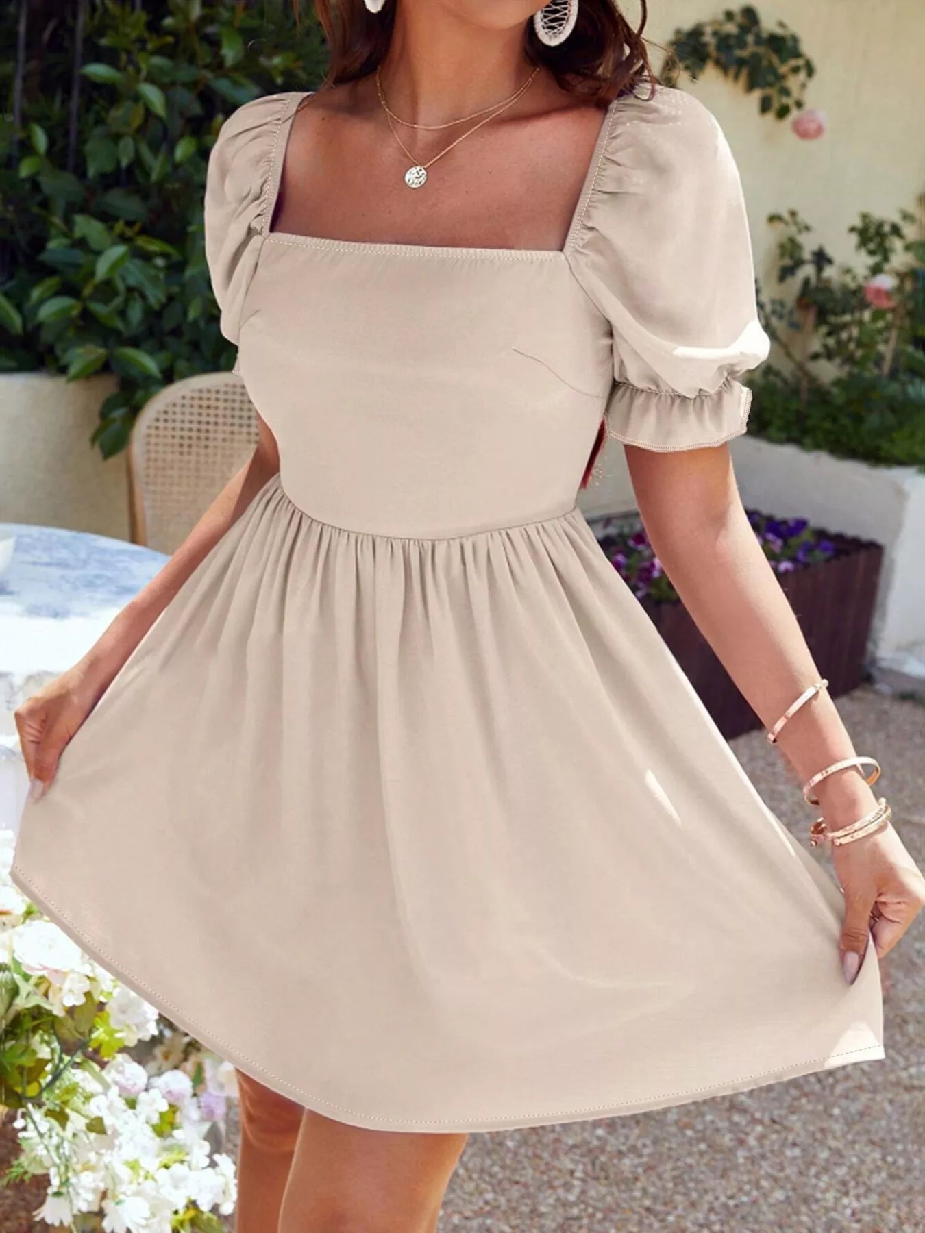 Square Neck Puff Sleeve A-Line Mini Dress
