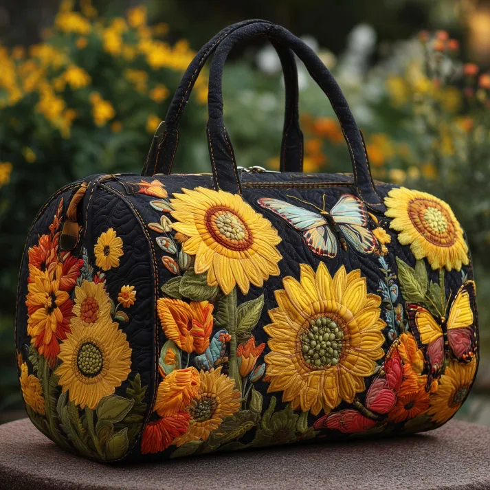 🌻 Sunflower Meadow Quilted Duffle Bag 🦋✨ – Floral Garden Travel & Weekender Bag 🧳🌼