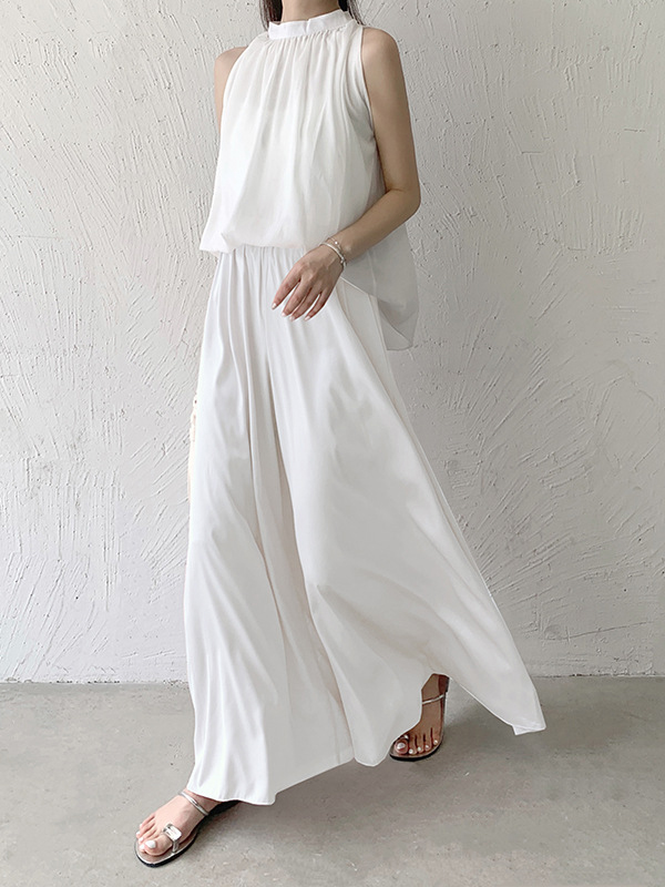 Elasticity Pleated Solid Color High Waisted Loose Pants Culotte