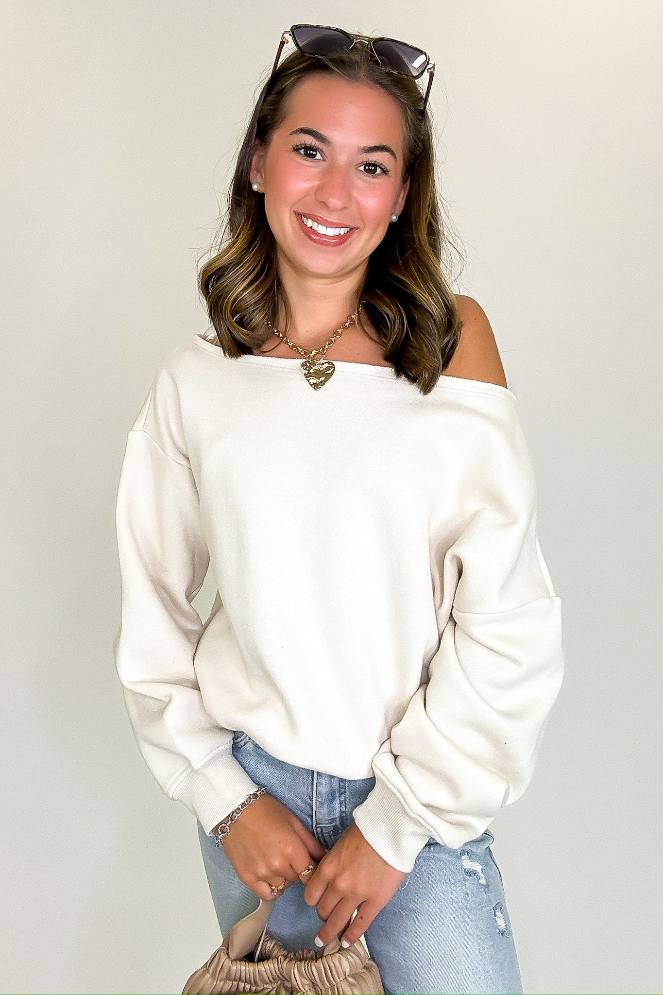 French Terry Fleece Off Shoulder Sweatshirt
