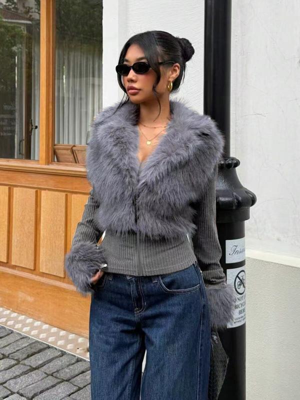 Women's Fashion Street Style Patchwork Knit Faux Fur Jacket, Zipper Long Sleeve Coat, Fall & Winter Thick Fabric, Casual Wear