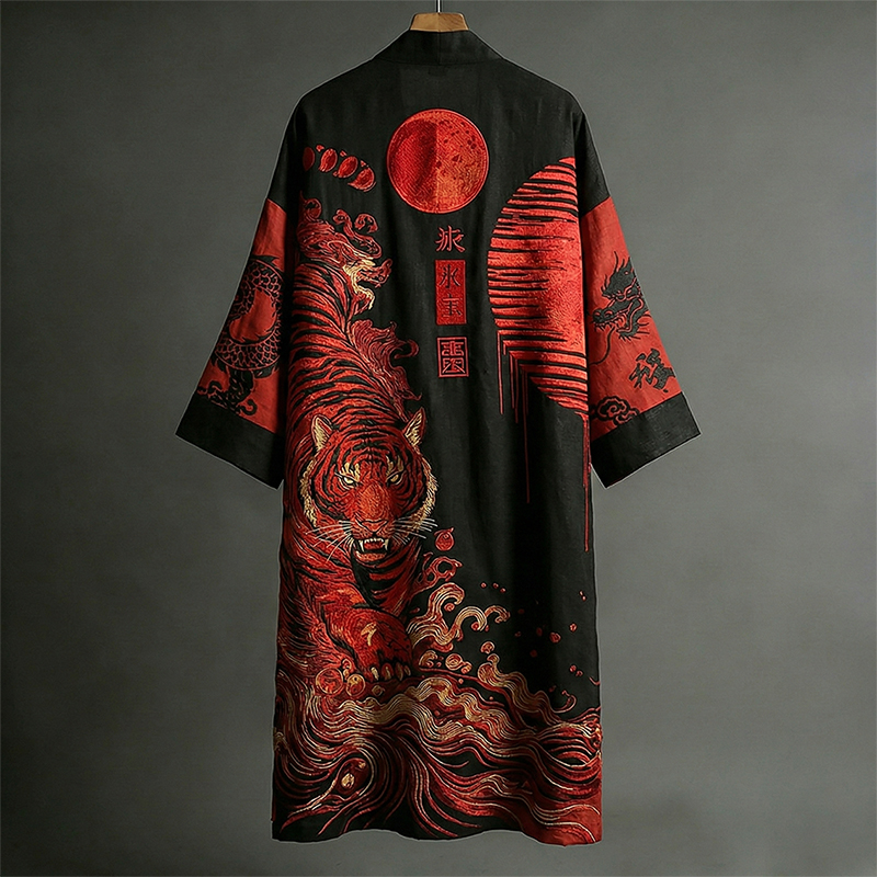 Men's Japanese Art Dragon And Tiger Pattern Linen Blend Kimono