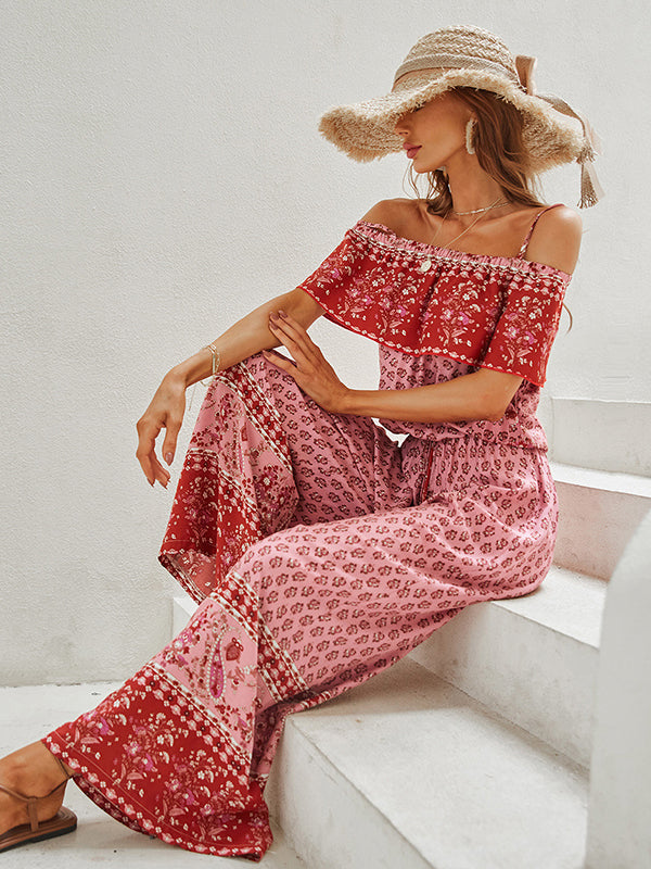 Women Wide Leg Floral Printed Bohemia Jumpsuit