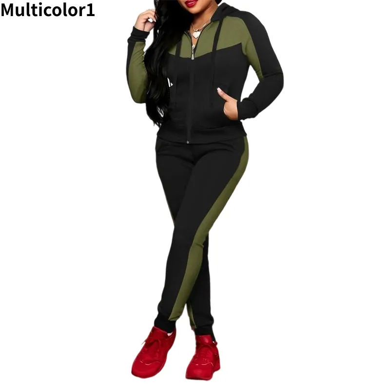 Two-piece Set Women's Colorblock Zip Up Hoodie & Pocket Pants