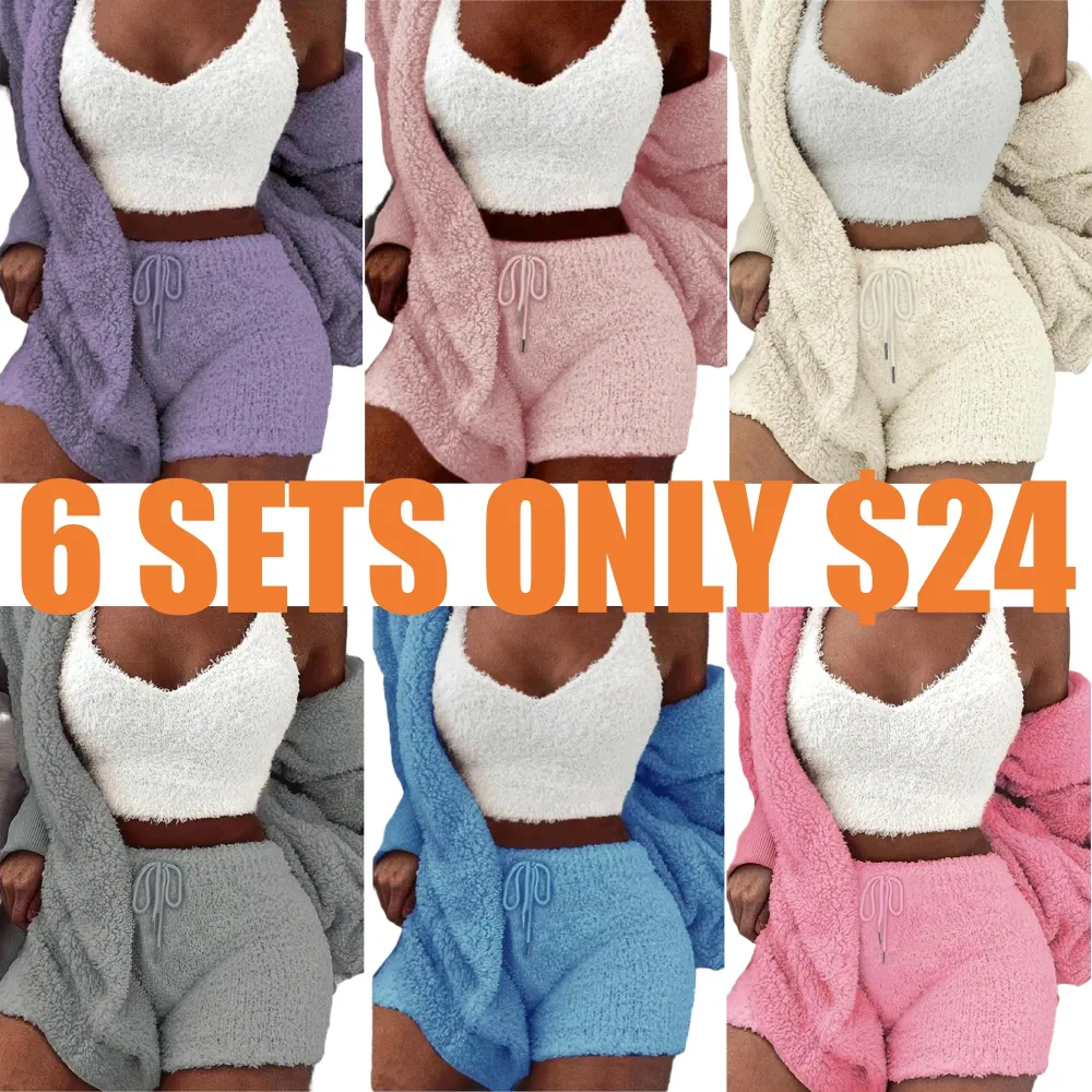 Women's Solid Color Plush Three-piece Pyjama Set
