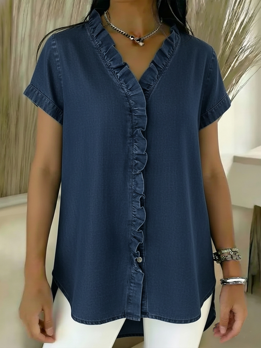 Casual Short-sleeved Denim Shirt With Ruffled Details.