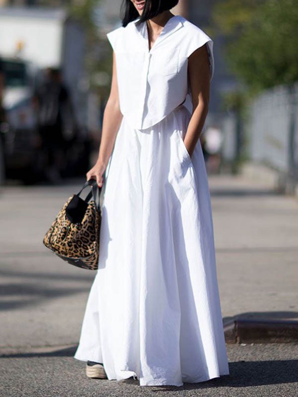 Cap Sleeve Loose Buttoned Solid Color Lapel Blouse Tops&Wide Legs Pants Bottoms Two Pieces Set