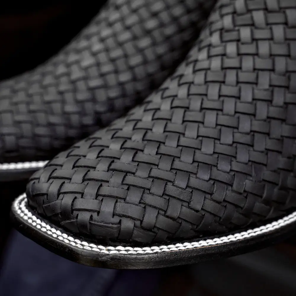 Matte Black Basketweave Leather Botines - Square Toe